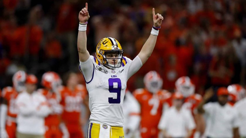 NEW ORLEANS, LOUISIANA - JANUARY 13: Joe Burrow #9 of the LSU Tigers reacts to a touchdown against Clemson Tigers during the third quarter in the College Football Playoff National Championship game at Mercedes Benz Superdome on January 13, 2020 in New Orleans, Louisiana. NFL Draft