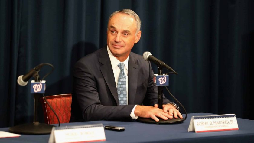 WASHINGTON, DC - JULY 26: Commissioner of MLB Robert D. Manfred Jr. speaks during the unveiling of the 2018 All-Star Game logo at Nationals Park on July 26, 2017 in Washington, DC.