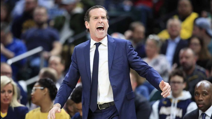 INDIANAPOLIS, INDIANA - FEBRUARY 10: Kenny Atkinson the head coach of the Brooklyn Nets gives instructions to his team during the 106-105 win against the Indiana Pacers at Bankers Life Fieldhouse on February 10, 2020 in Indianapolis, Indiana. NOTE TO USER: User expressly acknowledges and agrees that, by downloading and or using this photograph, User is consenting to the terms and conditions of the Getty Images License Agreement.