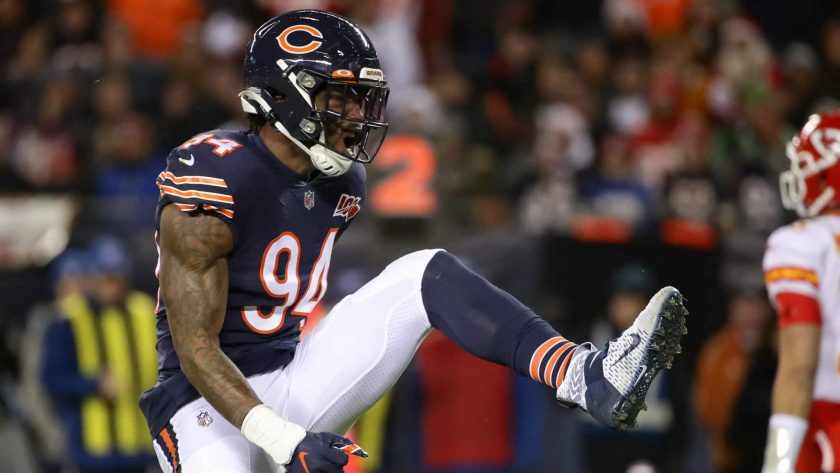 CHICAGO, ILLINOIS - DECEMBER 22: Outside linebacker Leonard Floyd #94 of the Chicago Bears celebrates against the Kansas City Chiefs in the first quarter of the game at Soldier Field on December 22, 2019 in Chicago, Illinois.