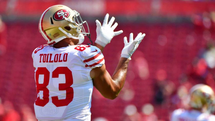 TAMPA, FLORIDA - SEPTEMBER 08: Levine Toilolo #83 of the San Francisco 49ers catches a ball during pregame before kickoff against the Tampa Bay Buccaneers at Raymond James Stadium on September 08, 2019 in Tampa, Florida.