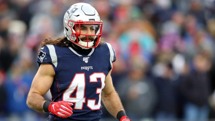 FOXBOROUGH, MASSACHUSETTS - DECEMBER 29: Nate Ebner #43 of the New England Patriots looks on during the game against the Miami Dolphins at Gillette Stadium on December 29, 2019 in Foxborough, Massachusetts.