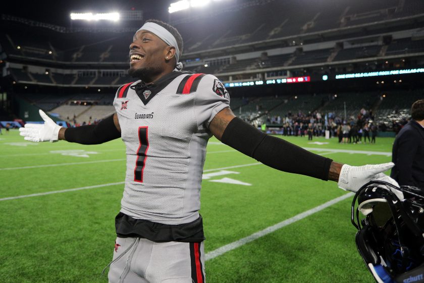 ARLINGTON, TEXAS - MARCH 07: Mekale McKay #1 of the New York Guardians dances on the field after a win over the Dallas Renegades at an XFL football game on March 07, 2020 in Arlington, Texas.