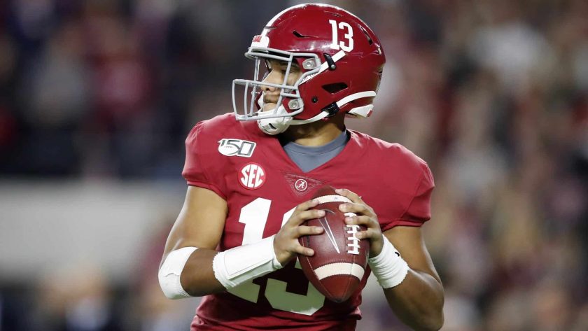 TUSCALOOSA, ALABAMA - NOVEMBER 09: Tua Tagovailoa #13 of the Alabama Crimson Tide looks to pass during the second half against the LSU Tigers in the game at Bryant-Denny Stadium on November 09, 2019 in Tuscaloosa, Alabama.