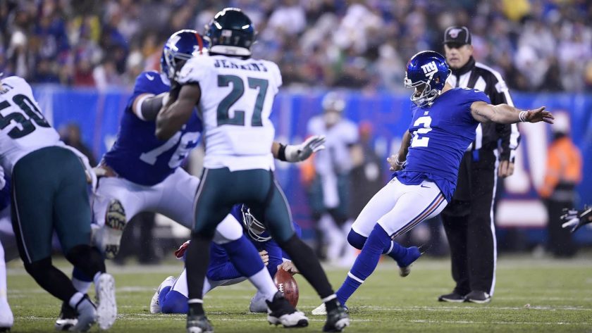 EAST RUTHERFORD, NEW JERSEY - DECEMBER 29: Aldrick Rosas #2 of the New York Giants kicks a field goal against the Philadelphia Eagles during the second quarter in the game at MetLife Stadium on December 29, 2019 in East Rutherford, New Jersey.