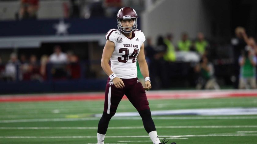 ARLINGTON, TEXAS - SEPTEMBER 28: Braden Mann #34 of the Texas A&M Aggies during the Southwest Classic at AT&T Stadium on September 28, 2019 in Arlington, Texas.