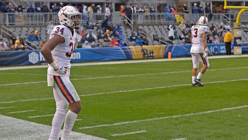 PITTSBURGH, PA - OCTOBER 28: Bryce Hall #34 of the Virginia Cavaliers reacts after being called for pass interference in the second quarter during the game against the Pittsburgh Panthers at Heinz Field on October 28, 2017 in Pittsburgh, Pennsylvania.