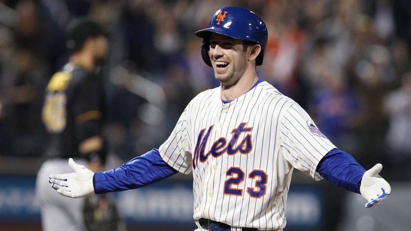 NEW YORK, NY - MAY 09: Mike Baxter #23 of the New York Mets celebrates after hitting a game winning single in the ninth inning against the Pittsburgh Pirates at Citi Field on May 9, 2013 at Citi Field in the Flushing neighborhood of the Queens borough of New York City. Mets defeated the Pirates 3-2.