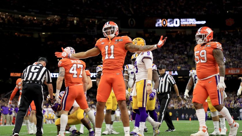 NEW ORLEANS, LOUISIANA - JANUARY 13: Isaiah Simmons #11 of the Clemson Tigers celebrates a defensive stop against the LSU Tigers during the first quarter in the College Football Playoff National Championship game at Mercedes Benz Superdome on January 13, 2020 in New Orleans, Louisiana.