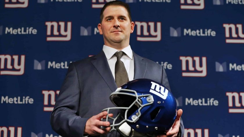 EAST RUTHERFORD, NJ - JANUARY 09: Joe Judge poses with a helmet after he was introduced as the new head coach of the New York Giants during a news conference at MetLife Stadium on January 9, 2020 in East Rutherford, New Jersey.