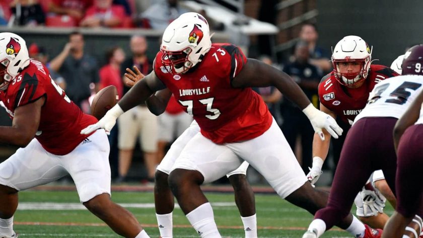 Louisville offensive lineman Mekhi Becton (73) in actionduring the first half of an NCAA college football game in Louisville, Ky., Saturday, Sept. 7, 2019.