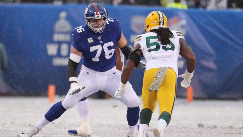 EAST RUTHERFORD, NEW JERSEY - DECEMBER 01: Nate Solder #76 of the New York Giants in action against Za'Darius Smith #55 of the Green Bay Packers during their game at MetLife Stadium on December 01, 2019 in East Rutherford, New Jersey.