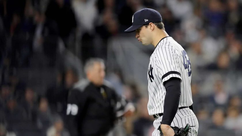 NEW YORK, NEW YORK - OCTOBER 04: Tommy Kahnle #48 of the New York Yankees walks off the mound after being relieved against the Minnesota Twins during the sixth inning in game one of the American League Division Series at Yankee Stadium on October 04, 2019 in New York City.