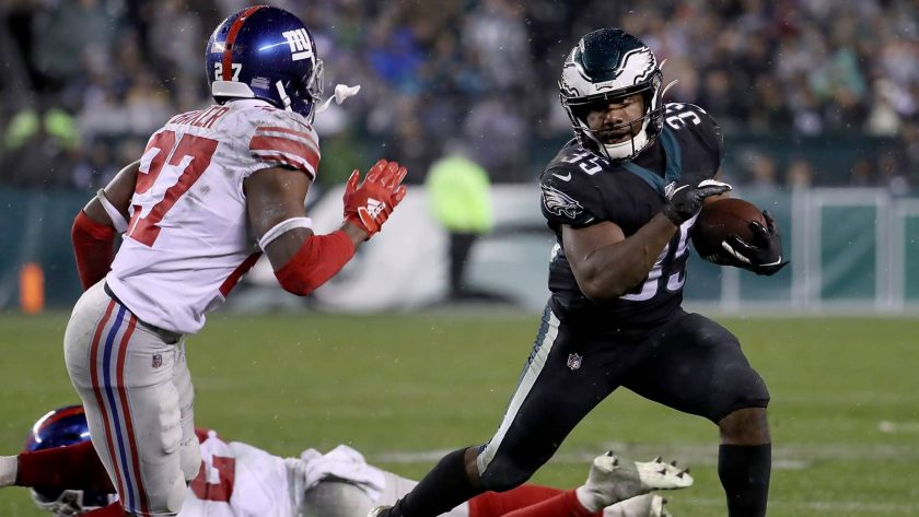 PHILADELPHIA, PENNSYLVANIA - DECEMBER 09: Running back Boston Scott #35 of the Philadelphia Eagles carries the ball against the defense of cornerback Deandre Baker #27 of the New York Giants during the game at Lincoln Financial Field on December 09, 2019 in Philadelphia, Pennsylvania.