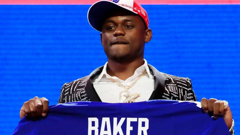 NASHVILLE, TENNESSEE - APRIL 25: Deandre Baker of Georgia reacts after being chosen #30 overall by the New York Giants during the first round of the 2019 NFL Draft on April 25, 2019 in Nashville, Tennessee.