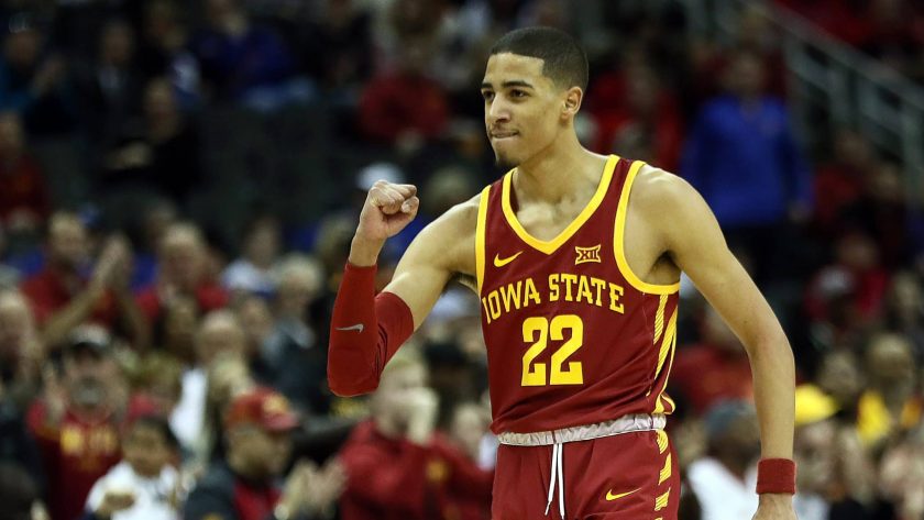 KANSAS CITY, MISSOURI - MARCH 14: Tyrese Haliburton #22 of the Iowa State Cyclones celebrates during the quarterfinal game of the Big 12 Basketball Tournament against the Baylor Bears at Sprint Center on March 14, 2019 in Kansas City, Missouri.