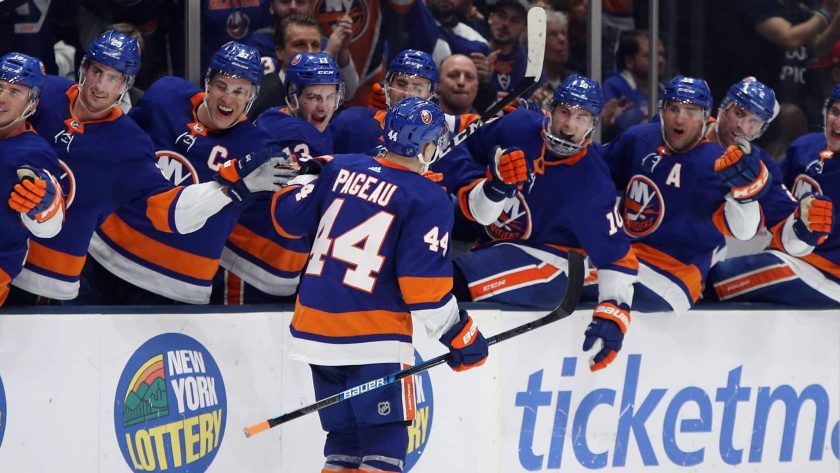 NEW YORK, NEW YORK - FEBRUARY 25: Jean-Gabriel Pageau #44 of the New York Islanders scores at 17:04 of the second period against the New York Rangers at NYCB Live's Nassau Coliseum on February 25, 2020 in Uniondale, New York.