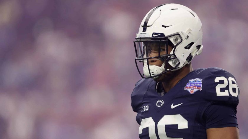 GLENDALE, AZ - DECEMBER 30: Running back Saquon Barkley #26 of the Penn State Nittany Lions walks on the field during the first half of the Playstation Fiesta Bowl against the Washington Huskies at University of Phoenix Stadium on December 30, 2017 in Glendale, Arizona.