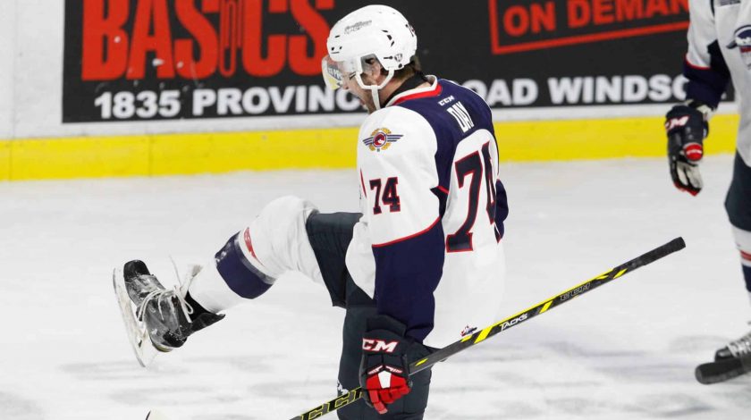 WINDSOR, ON - OCTOBER 20: Defenseman Sean Day #74 of the Windsor Spitfires celebrates a first period goal against the Kingston Frontenacs on October 20, 2016 at the WFCU Centre in Windsor, Ontario, Canada.