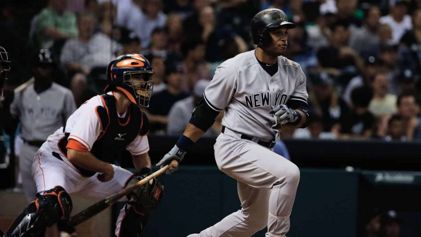 HOUSTON, TX - SEPTEMBER 28: Robinson Cano #24 of the New York Yankees hits a single in the sixth inning against the Houston Astros at Minute Maid Park on September 28, 2013 in Houston, Texas.