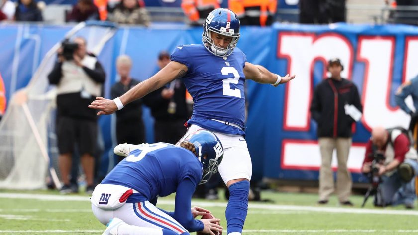 EAST RUTHERFORD, NJ - OCTOBER 28: Aldrick Rosas #2 of the New York Giants kicks a field goal against the Washington Redskins during their game at MetLife Stadium on October 28, 2018 in East Rutherford, New Jersey.