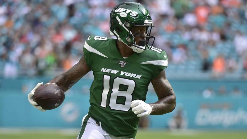 MIAMI, FL - NOVEMBER 03: Demaryius Thomas #18 runs upfield after a reception during the first quarter against the Miami Dolphins of the New York Jets at Hard Rock Stadium on November 3, 2019 in Miami, Florida.