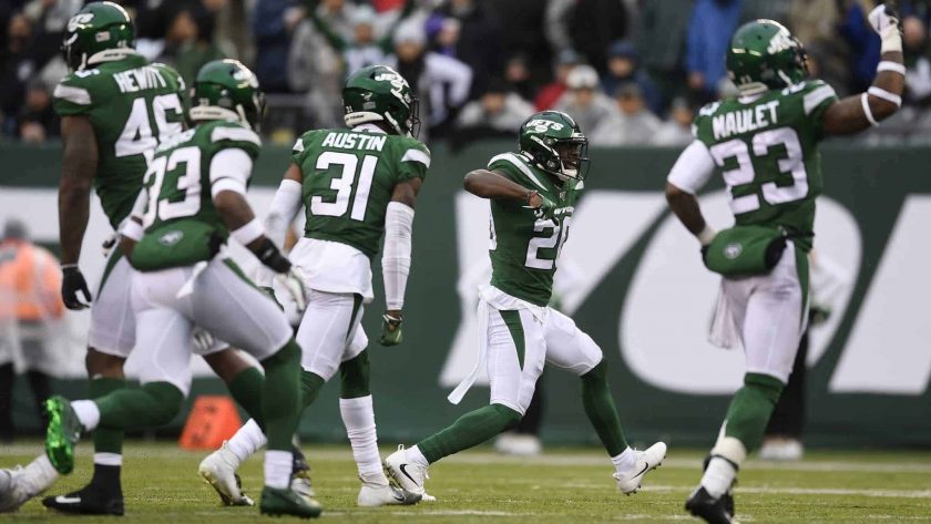 EAST RUTHERFORD, NEW JERSEY - NOVEMBER 24: Free safety Marcus Maye #20 of the New York Jets and his teammates react after stopping the Oakland Raiders one yard short of a first down during the second half of the game at MetLife Stadium on November 24, 2019 in East Rutherford, New Jersey.