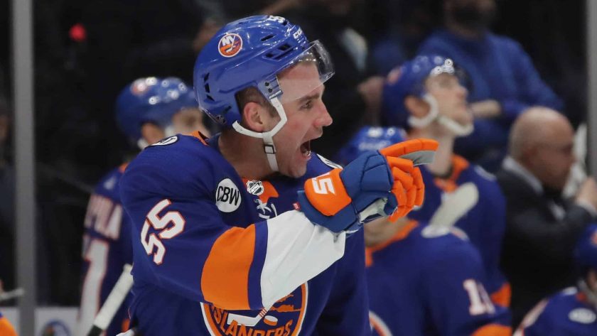 UNIONDALE, NEW YORK - MARCH 09: Johnny Boychuk #55 of the New York Islanders signals at Jakub Voracek #93 of the Philadelphia Flyers as he leaves the ice following a hit during the third period at NYCB Live's Nassau Coliseum on March 09, 2019 in Uniondale, New York. The Flyers defeated the Islanders 5-2.