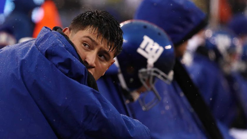 EAST RUTHERFORD, NEW JERSEY - DECEMBER 16: Aldrick Rosas #2 of the New York Giants looks on against the Tennessee Titans during their game at MetLife Stadium on December 16, 2018 in East Rutherford, New Jersey.