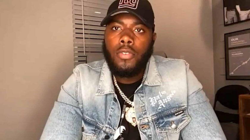 UNSPECIFIED LOCATION - APRIL 23: (EDITORIAL USE ONLY) In this still image from video provided by the New York Giants, Andrew Thomas speaks via teleconference after being selected during the first round of the 2020 NFL Draft on April 23, 2020.
