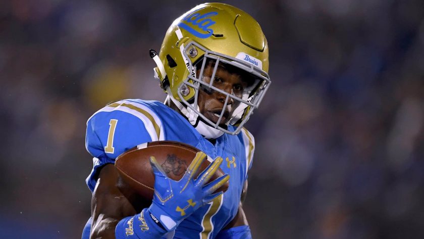 PASADENA, CA - SEPTEMBER 15: Darnay Holmes #1 of the UCLA Bruins juggles a kickoff during the first quarter against the Fresno State Bulldogs at Rose Bowl on September 15, 2018 in Pasadena, California.