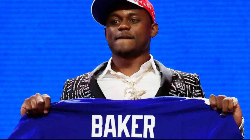NASHVILLE, TENNESSEE - APRIL 25: Deandre Baker of Georgia reacts after being chosen #30 overall by the New York Giants during the first round of the 2019 NFL Draft on April 25, 2019 in Nashville, Tennessee.
