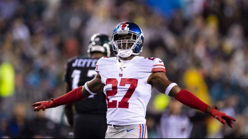 PHILADELPHIA, PA - DECEMBER 09: Deandre Baker #27 of the New York Giants celebrates breaking up a pass intended for Alshon Jeffery #17 of the Philadelphia Eagles during the first quarter at Lincoln Financial Field on December 9, 2019 in Philadelphia, Pennsylvania.
