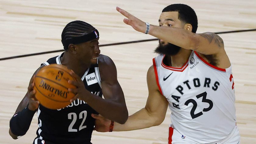 LAKE BUENA VISTA, FLORIDA - AUGUST 19: Caris LeVert #22 of the Brooklyn Nets drives against Fred VanVleet #23 of the Toronto Raptors during the first quarter in Game Two of the Eastern Conference First Round during the 2020 NBA Playoffs at The Field House at ESPN Wide World Of Sports Complex on August 19, 2020 in Lake Buena Vista, Florida. NOTE TO USER: User expressly acknowledges and agrees that, by downloading and or using this photograph, User is consenting to the terms and conditions of the Getty Images License Agreement.