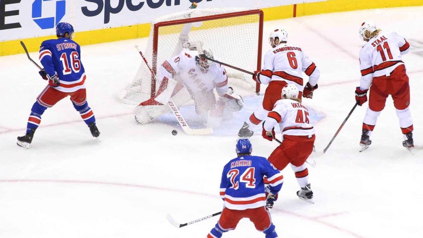 TORONTO, ONTARIO - AUGUST 04: James Reimer #47 of the Carolina Hurricanes makes a save against the New York Rangers during the first period in Game Three of the Eastern Conference Qualification Round prior to the 2020 NHL Stanley Cup Playoffs at Scotiabank Arena on August 04, 2020 in Toronto, Ontario, Canada.