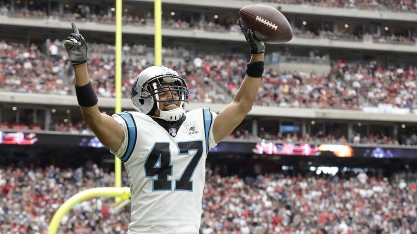 HOUSTON, TX - SEPTEMBER 29: Ross Cockrell #47 of the Carolina Panthers celebrates after an interception against the Houston Texans in the first half at NRG Stadium on September 29, 2019 in Houston, Texas.