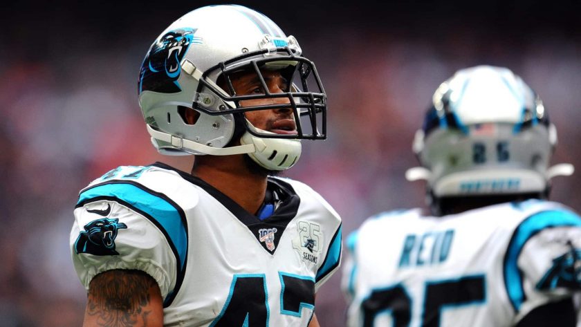 LONDON, ENGLAND - OCTOBER 13: Ross Cockrell of Carolina Panthers looks on during the NFL match between the Carolina Panthers and Tampa Bay Buccaneers at Tottenham Hotspur Stadium on October 13, 2019 in London, England.