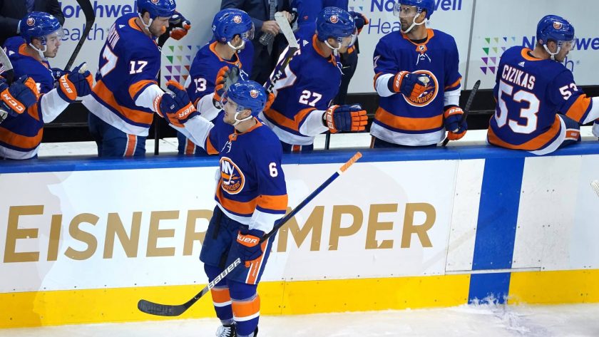 TORONTO, ONTARIO - AUGUST 04: Ryan Pulock #6 of the New York Islanders celebrates with teammates after scoring a goal against the Florida Panthers during the second period in Game Two of the Eastern Conference Qualification Round prior to the 2020 NHL Stanley Cup Playoff at Scotiabank Arena on August 4, 2020 in Toronto, Ontario.