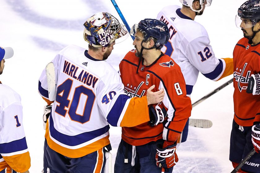 TORONTO, ONTARIO - AUGUST 20: Semyon Varlamov #40 of the New York Islanders shakes hands with Alex Ovechkin #8 of the Washington Capitals after their 2-0 victory in Game Five to win the Eastern Conference First Round during the 2020 NHL Stanley Cup Playoffs at Scotiabank Arena on August 20, 2020 in Toronto, Ontario.