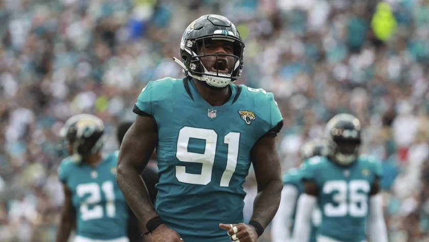 JACKSONVILLE, FL - SEPTEMBER 16: Yannick Ngakoue #91 of the Jacksonville Jaguars celebrates a play in the first half against the New England Patriots at TIAA Bank Field on September 16, 2018 in Jacksonville, Florida.