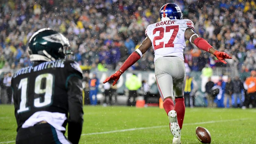 PHILADELPHIA, PENNSYLVANIA - DECEMBER 09: Cornerback Deandre Baker #27 of the New York Giants celebrates after breaking up a pass intended for wide receiver J.J. Arcega-Whiteside #19 of the Philadelphia Eagles during the game at Lincoln Financial Field on December 09, 2019 in Philadelphia, Pennsylvania.
