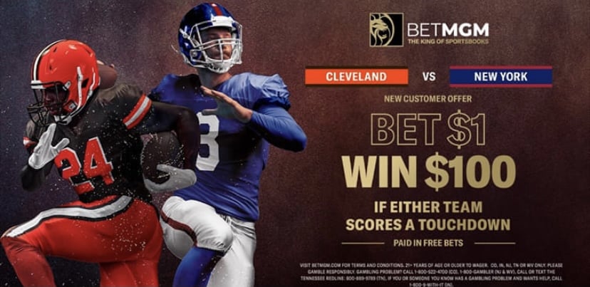 BetMGM Sunday Night Football Promo: Bet $1, Win $100 if Browns or Giants Score TD
