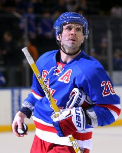Feb 22, 2015; New York, NY, USA; New York Rangers right wing Martin  St.  Louis (26) after defeating the Columbus Blue Jackets at Madison Square Garden. The Rangers defeated the Blue Jackets 4-3 in a shoot out. Mandatory Credit: Adam Hunger-USA TODAY Sports