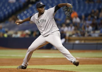 Sep 20, 2016; St. Petersburg, FL, USA; New York Yankees starting pitcher Michael Pineda (35) throws a pitch during the second inning against the Tampa Bay Rays at Tropicana Field. Mandatory Credit: Kim Klement-USA TODAY Sports