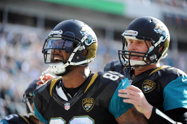 Dec 22, 2013; Jacksonville, FL, USA; Jacksonville Jaguars tight end Marcedes Lewis (89) celebrates a touchdown with quarterback Chad Henne (7) during the game against the Tennessee Titans at EverBank Field. Mandatory Credit: Melina Vastola-USA TODAY Sports