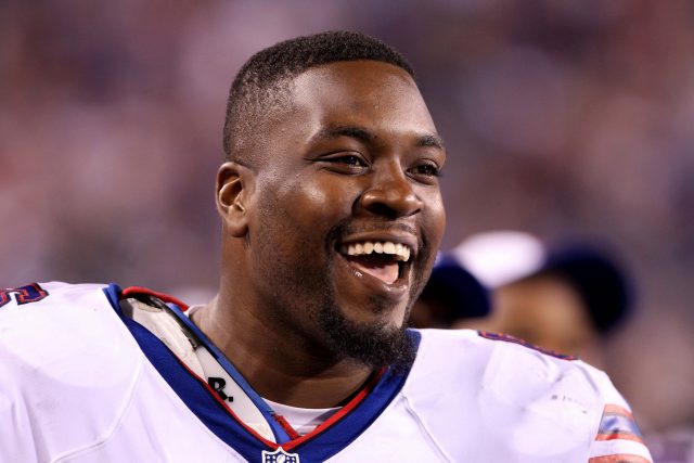 Aug 14, 2015; Orchard Park, NY, USA; Buffalo Bills tackle Seantrel Henderson (66) against the Carolina Panthers in a preseason NFL football game at Ralph Wilson Stadium. Panthers beat the Bills 25 to 24. Mandatory Credit: Timothy T. Ludwig-USA TODAY Sports