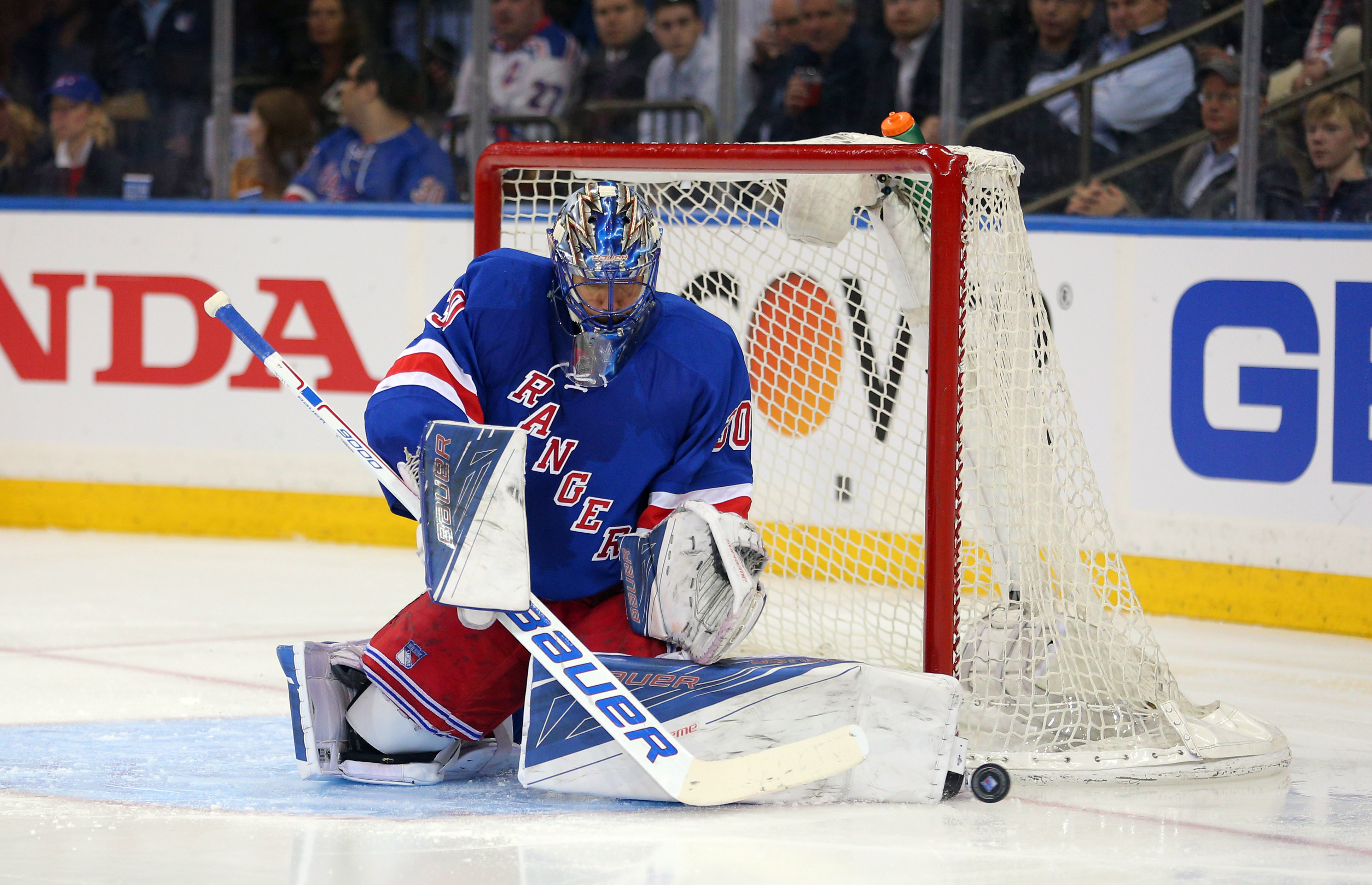 Apr 19, 2016; New York, NY, USA; New York Rangers goalie Henrik Lundqvist (30) makes save during the third period of game three of the first round of the 2016 Stanley Cup Playoffs at Madison Square Garden. Mandatory Credit: Brad Penner-USA TODAY Sports