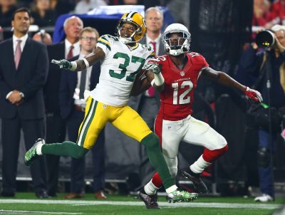 Jan 16, 2016; Glendale, AZ, USA; Green Bay Packers cornerback Sam Shields (37) defends Arizona Cardinals wide receiver John Brown (12) during the NFC Divisional round playoff game at University of Phoenix Stadium. Mandatory Credit: Mark J. Rebilas-USA TODAY Sports