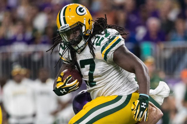 Sep 18, 2016; Minneapolis, MN, USA; Green Bay Packers running back Eddie Lacy (27) against the Minnesota Vikings at U.S. Bank Stadium. The Vikings defeated the Packers 17-14. Mandatory Credit: Brace Hemmelgarn-USA TODAY Sports