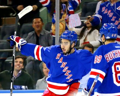 Sep 27, 2016; New York, NY, USA; New York Rangers center Mika Zibanejad (93) reacts after scoring a first period goal against the New York Islanders during a preseason hockey game at Madison Square Garden. Mandatory Credit: Andy Marlin-USA TODAY Sports